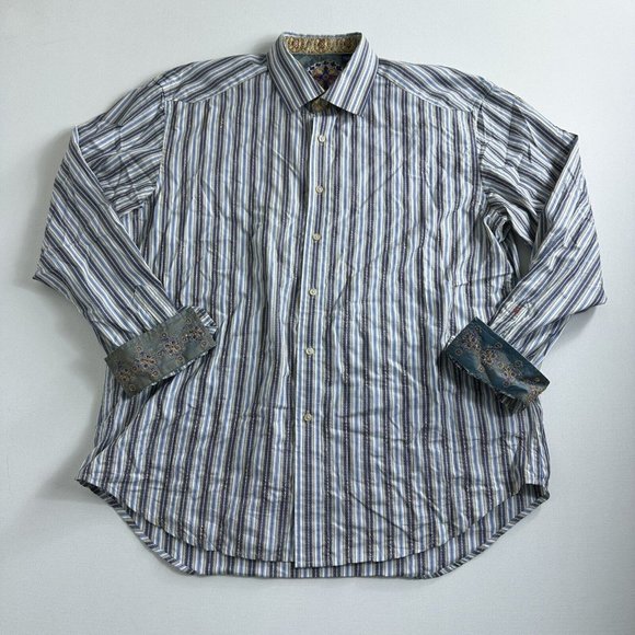 ROBERT GRAHAM Men Size 2XL Blue Striped Gold Thread‎ 100% Cotton Button-Up Shirt - Picture 1 of 12